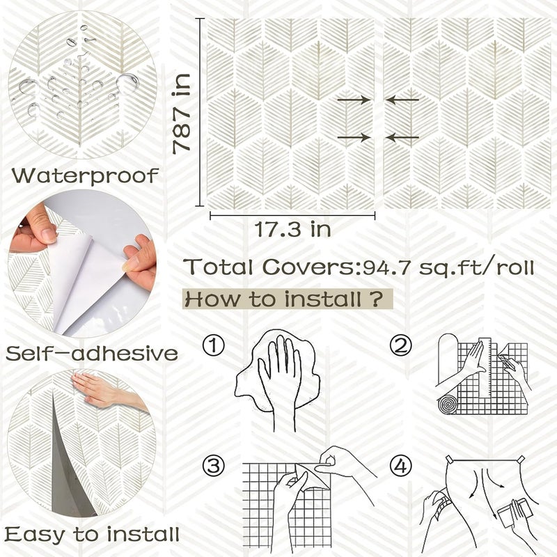 OSECAGE Modern Peel and Stick Wallpaper 17.3''×''787 Self Adhesive Wallpaper Boho Contact Paper Beige and White Geometric Wall Paper Removable Decorative Wallpapers for Bedroom Bathroom Cabinets Decor Vinyl - Image 3